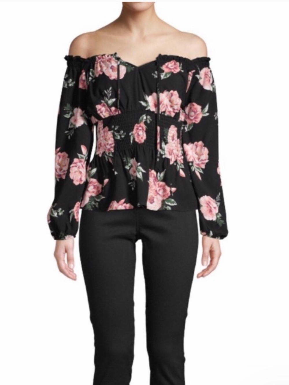 Black Floral Smocked Peasant Top - Brand